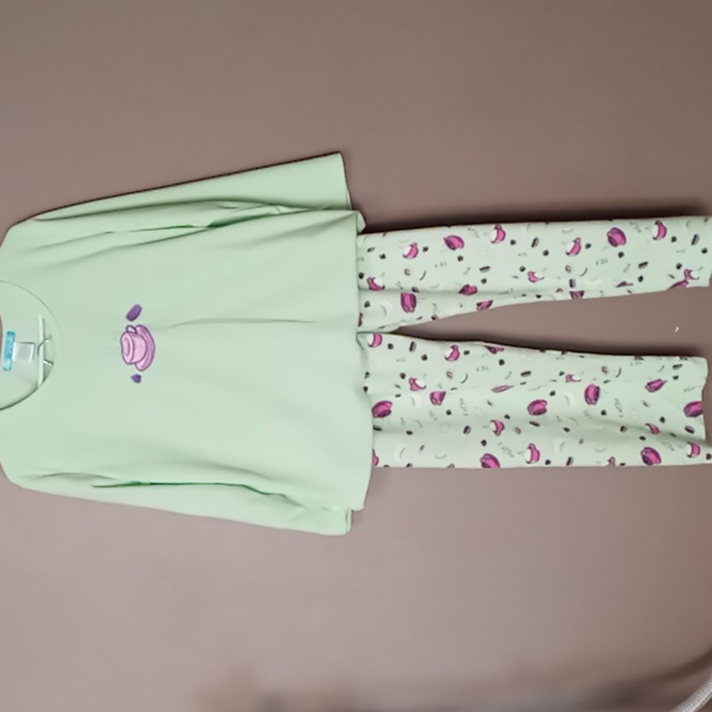 Ava & Bella Green w Coffee, Tea Time Design Fleece 2 Piece Pajama Set 1X
